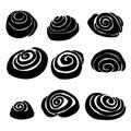 Set of silhouettes of cinnamon buns, cinnamon roll of various types, logo for a sweets store or bakery Royalty Free Stock Photo