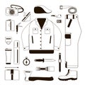 Set of silhouettes of clothes for men. Black outline on a white background. Travel wardrobe items. Outerwear and tools.