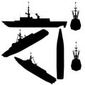 Set with silhouettes of a combat ship in various positions isolated on a white background. Vector illustration Royalty Free Stock Photo