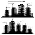 Set of silhouettes of a construction site with cranes and buildings. Royalty Free Stock Photo