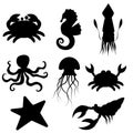 Set of silhouettes of crab, seahorse, starfish, octopus, crayfish, squid, jellyfish. Vector Royalty Free Stock Photo