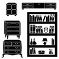 Set silhouettes of cupboard, chests and bookshelf Royalty Free Stock Photo