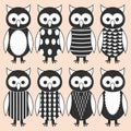 Set of silhouettes cute owl with different patterns on body on pink background in vanilla style. Cartoon nestlings owls.