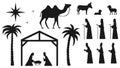 Set of silhouettes of the den. Baby Jesus in a manger, Mary, Joseph, shepherds, wise men, etc. The birth of Jesus Christ