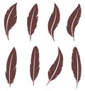 Set of silhouettes of eight feathers. Feathers of birds Royalty Free Stock Photo