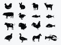 Set of silhouettes of farm animals. Collection of stylized meat animals and fish. Set of black farmer logos. Royalty Free Stock Photo