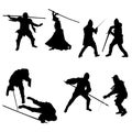 Set of silhouettes of fighters, swordsmen, lancers, men and women in armor with a sword, spear and staff, isolated on white backgr