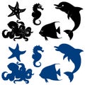 Five marine animals silhouette on white Royalty Free Stock Photo