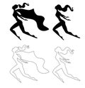 Set of silhouettes of flying super women. Black and contour figures of girls with capes. Outlines of people