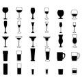 A set of silhouettes of glasses, alcoholic drinks in glasses of various sizes and shapes, two types of icons