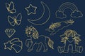 Set of silhouettes with golden unicorns, rainbow, butterflies and starry sky