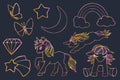 Set of silhouettes with golden unicorns, rainbow, butterflies and starry sky