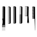 Set of silhouettes of hairdressing combs, tools for combing hair, styling and haircut help, combs with different lengths of