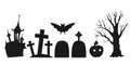 Set of silhouettes of Halloween landscapes elements. Isolated on a white background. Vector illustration. Collection of halloween