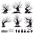 Set of silhouettes for halloween sinister trees, fences, graves, skull, pumpkin and bat