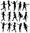 Set silhouettes happy girls jumping and running