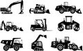 Set of silhouettes heavy construction and mining machines on white background. Vector illustration.