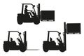 Set of silhouettes of heavy forklift machinery that perform different functions