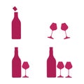 Set of silhouettes and icons of wine bottles and glasses in pink color. Vector illustration