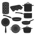 A set of silhouettes of kitchen utensils. Black silhouettes of pots, pans, baking molds. Utensils for cooking. Baking
