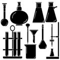 Set of silhouettes of laboratory glassware, flasks of various shapes and sizes, test tubes, pipette, watering can, titration, Royalty Free Stock Photo