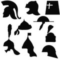 A set of silhouettes of medieval military helmets