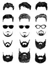 Set of silhouettes of men s beards, hairstyles and glasses. Hand drawn hipster style and fashion vector illustration set Royalty Free Stock Photo