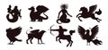 Set of silhouettes of mythical creatures, flat vector illustration isolated on white background. Royalty Free Stock Photo