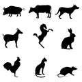 A set of silhouettes of pets. A goat, a rabbit, a horse, a dog,