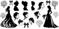 Set of silhouettes of princess on white background.