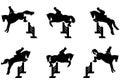 Set of silhouettes of riders jumping horse over an obstacle in competition or training Royalty Free Stock Photo