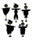 A set of silhouettes of scarecrows. Collection of black silhouettes stuffed with pumpkin head. Set for Halloween. Mystic Royalty Free Stock Photo