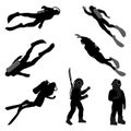 Set of silhouettes scuba diving. Royalty Free Stock Photo