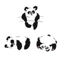 Set of silhouettes of sitting panda cubs. Panda slipping and playing.