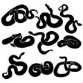 Set of silhouettes of snakes, reptiles twisted or crawling