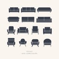 Set of silhouettes of sofas on a light background.