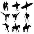 Set of silhouettes of surfers on white background. Vector illustration. Royalty Free Stock Photo