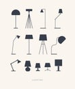 Set of silhouettes of table lamps on a light background. Royalty Free Stock Photo
