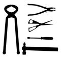 Set with silhouettes of tools isolated on white background. Nippers, scissors, hammer, screwdriver, pliers. Vector Royalty Free Stock Photo