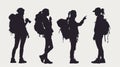 Set of silhouettes of tourists with backpacks. illustration. Generative AI Royalty Free Stock Photo