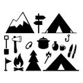 set of silhouettes. Travel Event. Camping vector logo template. Tourist tent, forest, camp, trees Royalty Free Stock Photo