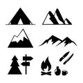 set of silhouettes. Travel Event. Camping vector logo template. Tourist tent, forest, camp, trees Royalty Free Stock Photo