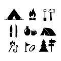 set of silhouettes. Travel Event. Camping vector logo template. Tourist tent, forest, camp, trees Royalty Free Stock Photo