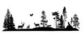 Set of silhouettes of trees and wild forest animals. Deer, fawn, doe, fox, wolf, owl, bird of pray, squirrel. Black and white. Royalty Free Stock Photo