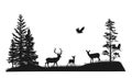 Set of silhouettes of trees and wild forest animals. Deer, fawn, doe, owl, bird of pray. Black and white hand-drawn illustration