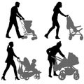 Set silhouettes walkings mothers with baby strollers Royalty Free Stock Photo