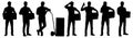 Set of silhouettes of warehouse workers with the package. Delivery guy is holding a cardboard box in different poses