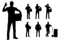 Set of silhouettes of warehouse workers with the package. Delivery guy is holding a cardboard box in different poses