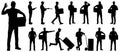 Set of silhouettes of warehouse workers with the package. Delivery guy is holding a cardboard box in different poses