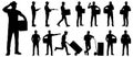 Set of silhouettes of warehouse workers with the package. Delivery guy is holding a cardboard box in different poses